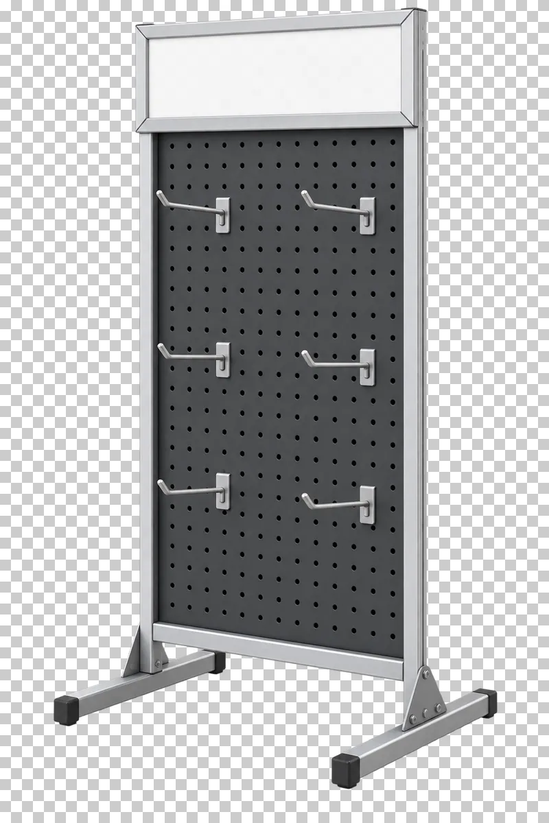 A freestanding metal pegboard display with six hooks, a blank header and braced feet.