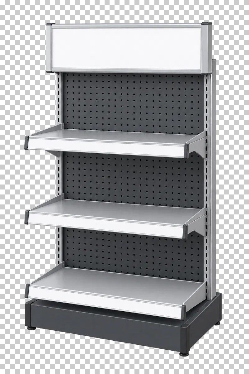 An empty metal gondola endcap with three product shelves, label rails and a blank header.