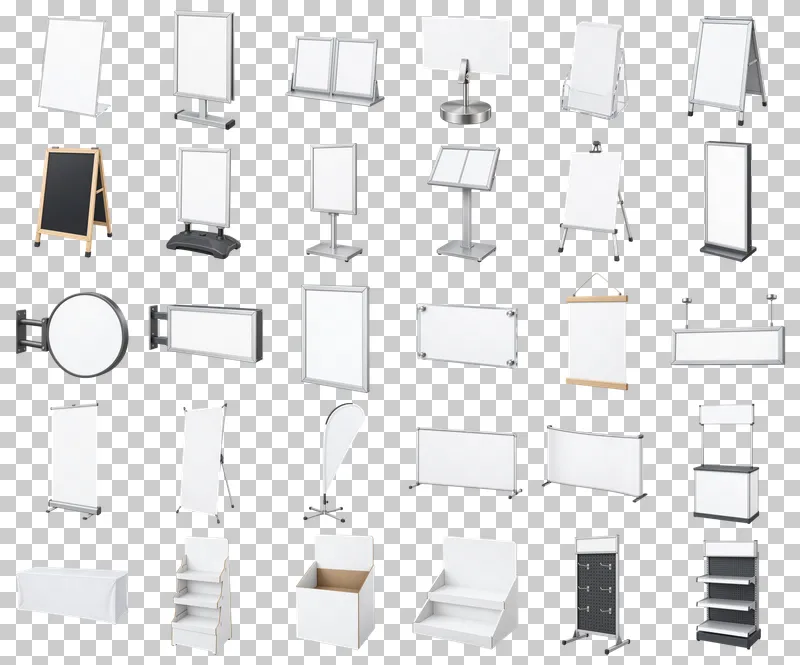 Blank Retail Signs and Display Stands PNG Collection: all 30 elements in one grid
