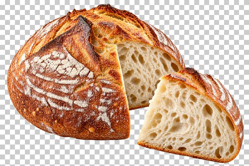 A country sourdough boule with one cut wedge and irregular ivory crumb.