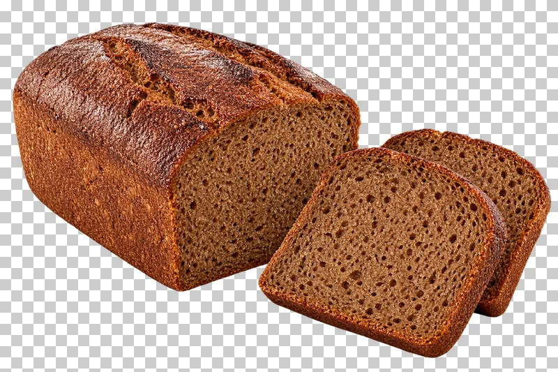 A dark rye tin loaf with two matching slices showing dense brown crumb.
