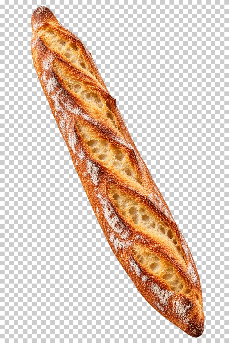 A complete slender French baguette with diagonal scores and a flour-dusted crust.