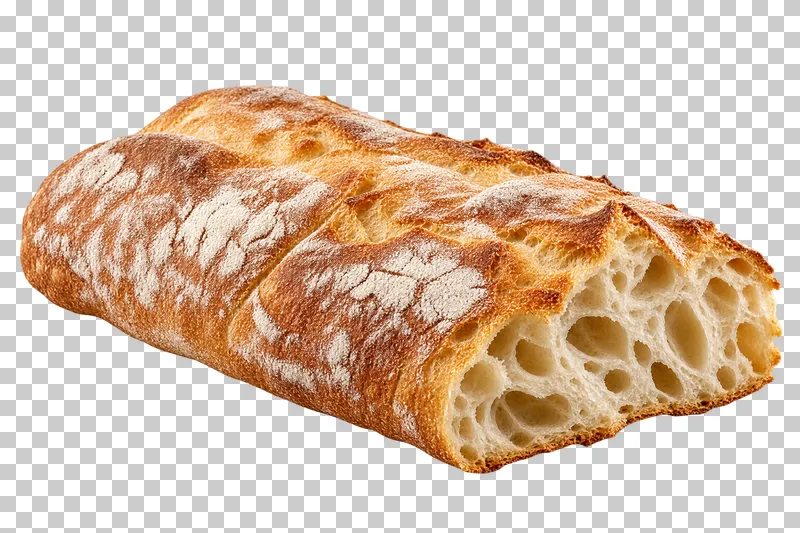 A low rectangular flour-dusted ciabatta with a torn end exposing large airy pockets.