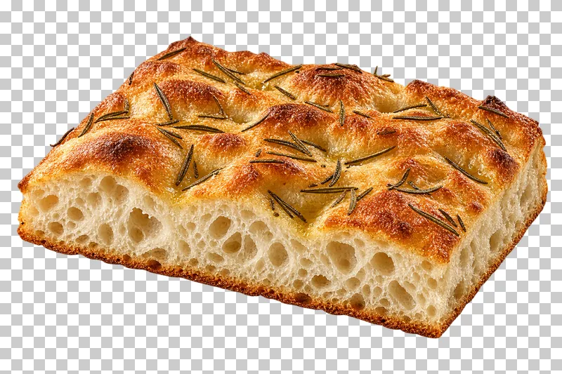 A rectangular rosemary focaccia slab with a dimpled golden surface and airy cut edge.