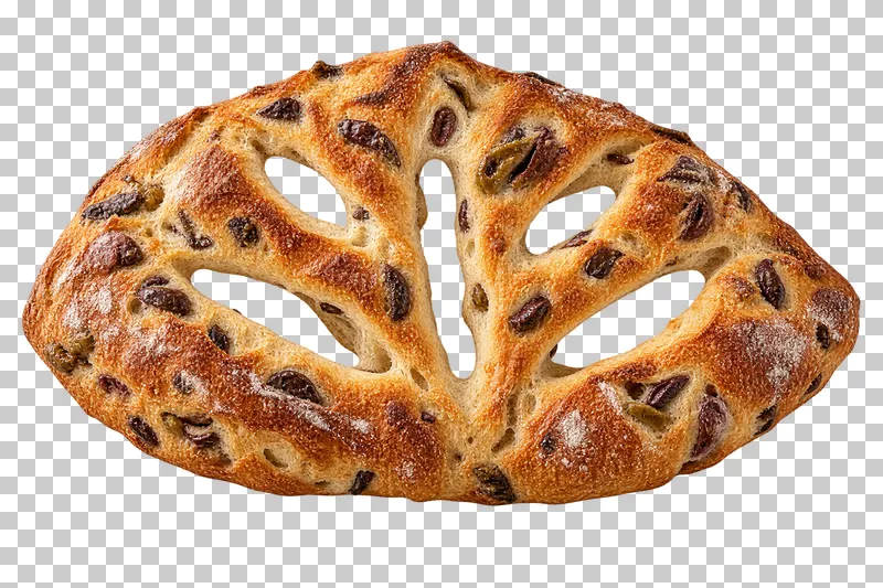 An olive fougasse with connected bread branches and open leaf-like slits.