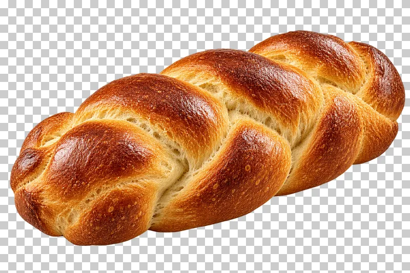 A golden braided challah loaf with interwoven dough strands.