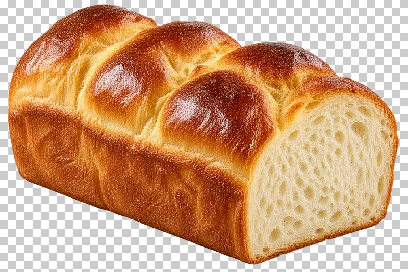 A domed brioche loaf with a cut end showing fine pale crumb.