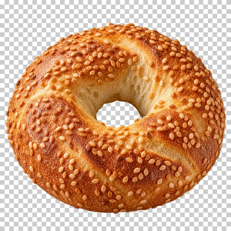 An intact sesame bagel with a clear central hole.