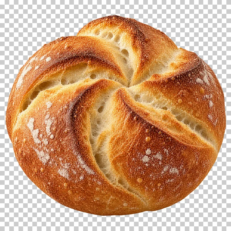 A round kaiser roll with five curved pinwheel sections.