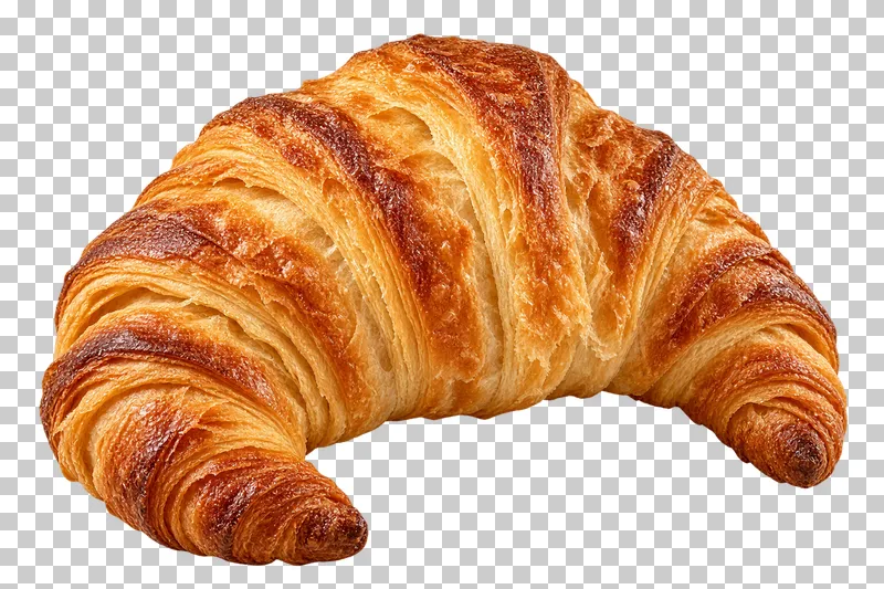 A curved butter croissant with crisp laminated layers and two tapered tips.