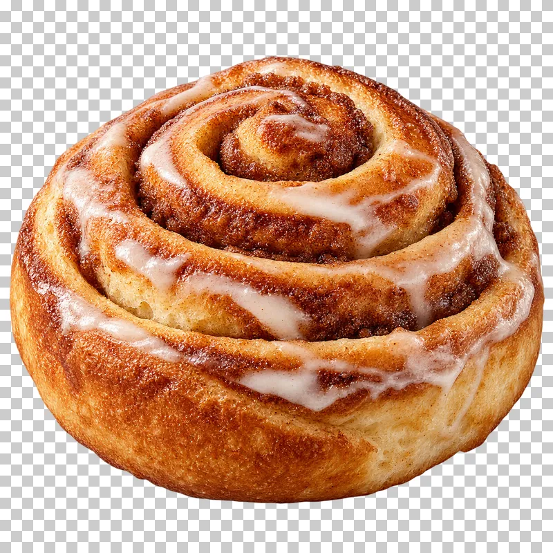 A cinnamon roll with a visible spiral and restrained white glaze.