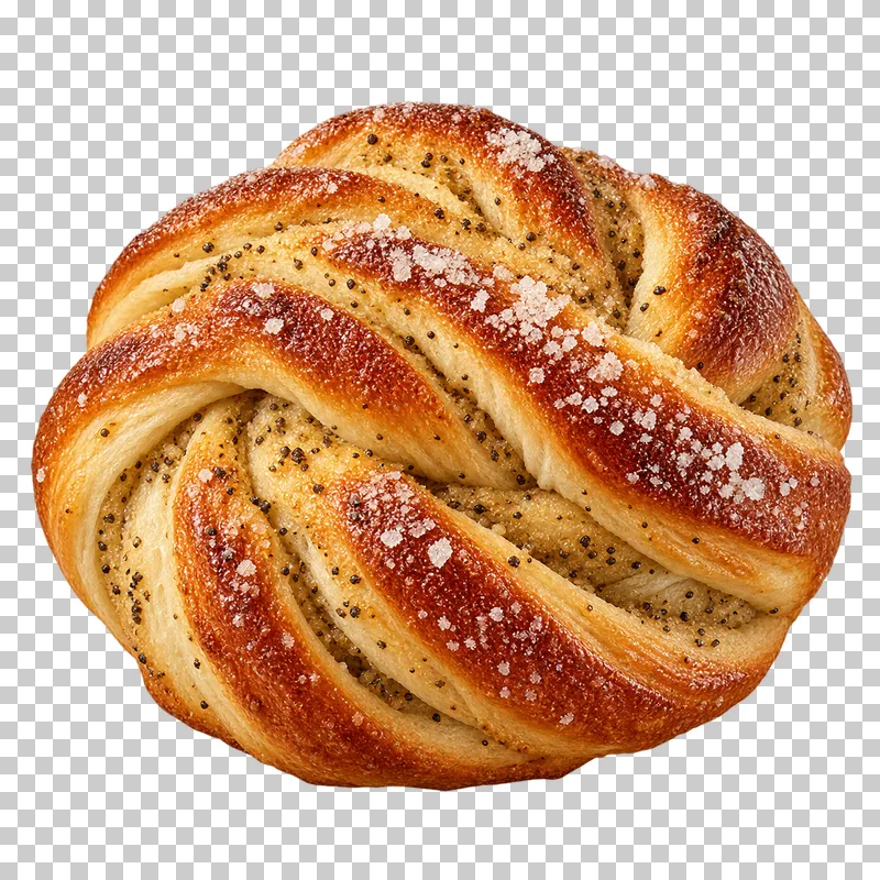 A twisted cardamom knot bun with attached sugar and spice flecks.