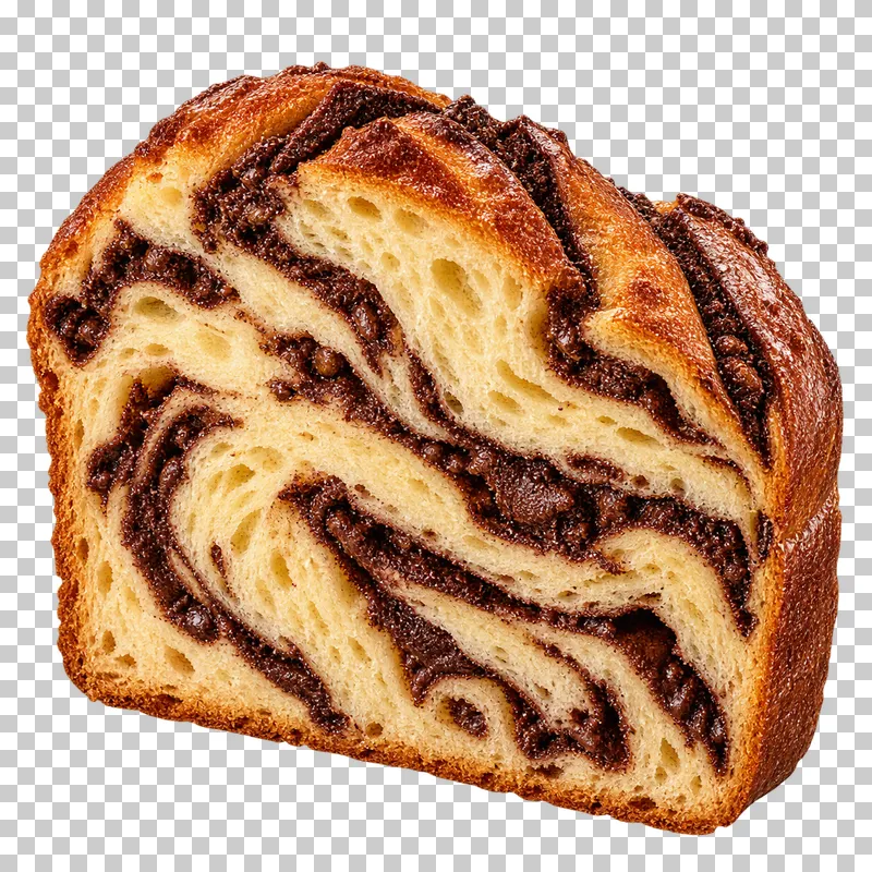 A thick chocolate babka slice with interwoven chocolate ribbons through pale bread crumb.
