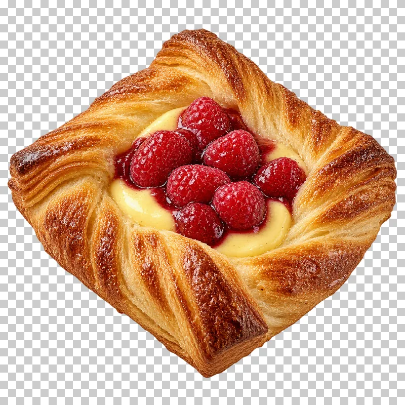 A diamond-fold raspberry Danish with a pale custard center.