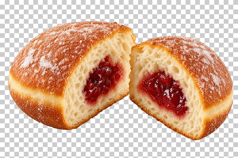 Two matching jam-filled doughnut halves with red filling enclosed by pale dough.