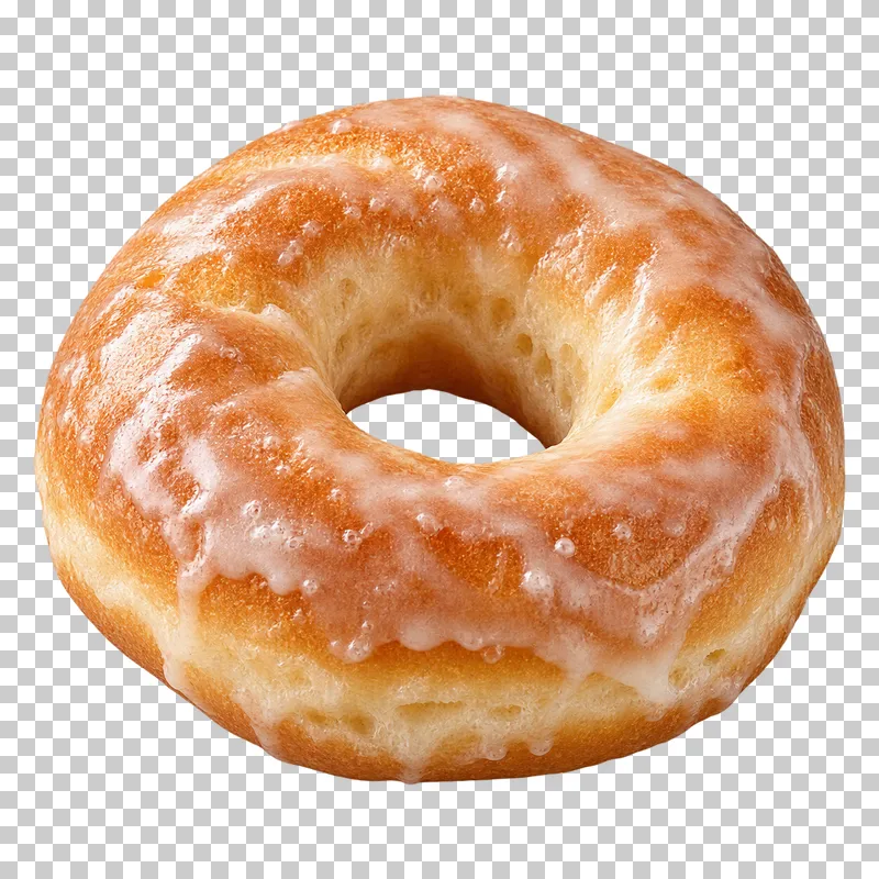 A lightly glazed golden yeast ring doughnut with an open center.