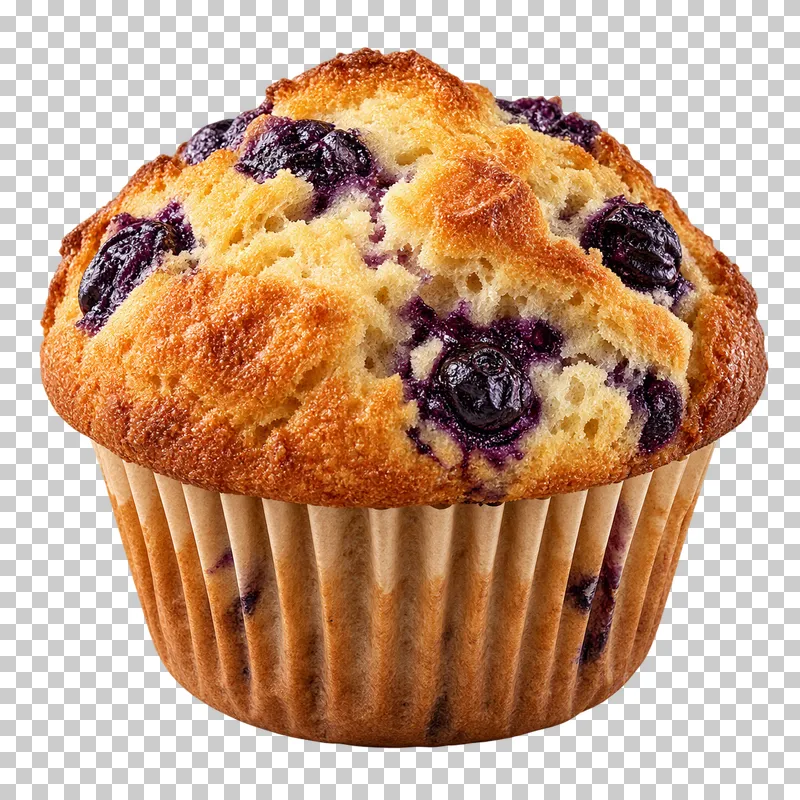 A domed blueberry muffin in a plain kraft paper liner.