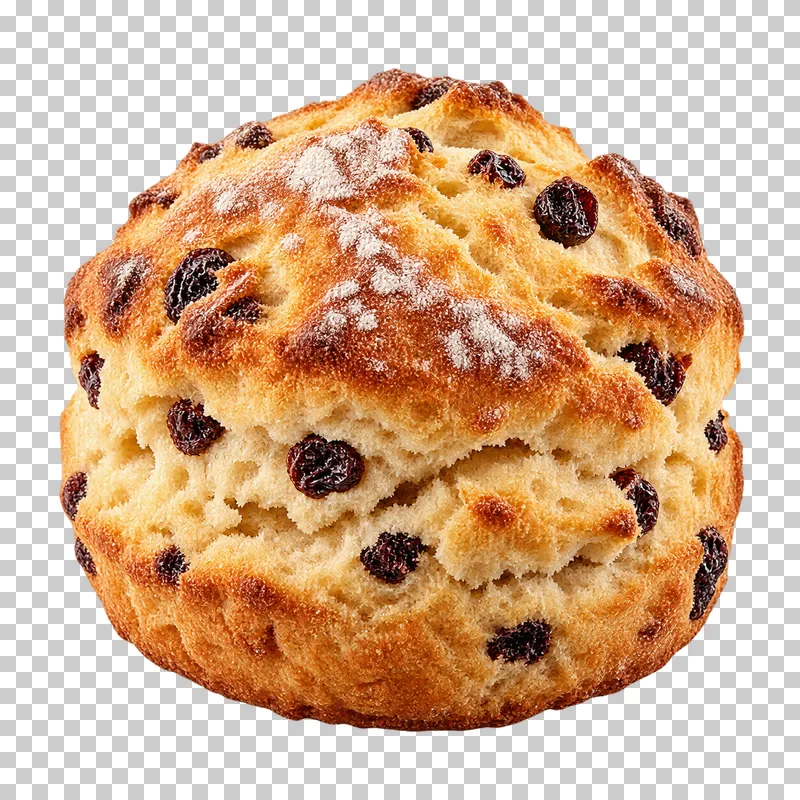 A tall round currant scone with a cracked top and layered short crumb.