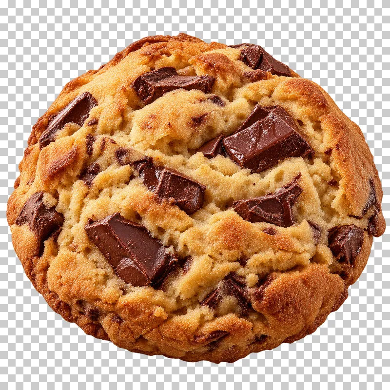 A thick rough-edged cookie with embedded dark chocolate chunks.