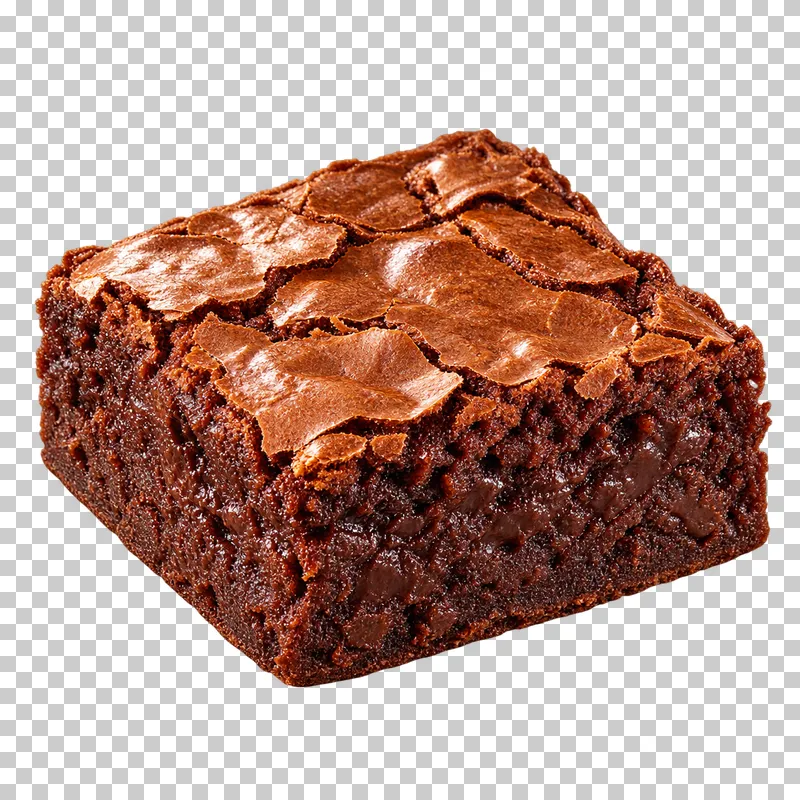 A dense fudge brownie square with a crackled top and moist cut sides.