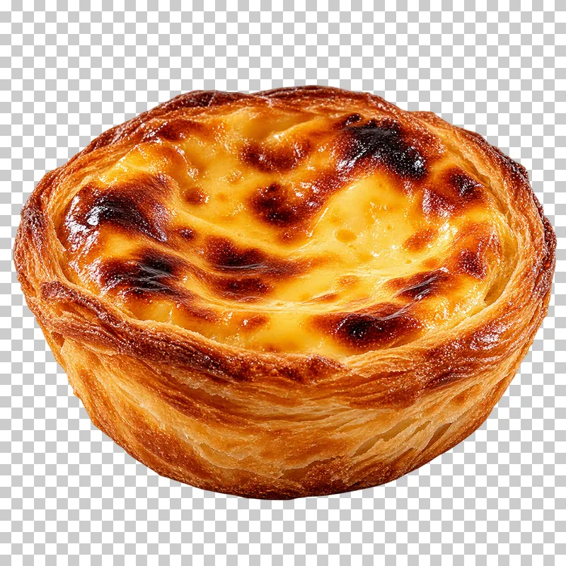 A Portuguese custard tart with a laminated pastry cup and blistered custard surface.