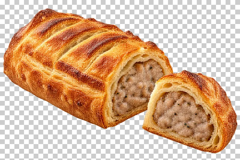 A puff-pastry sausage roll with a matching cut end piece and contained cooked pork filling.