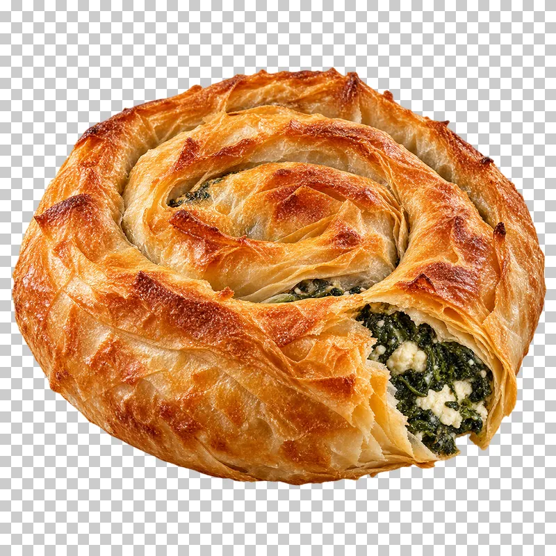 A coiled spinach-and-feta filo spiral with a small open end revealing its filling.