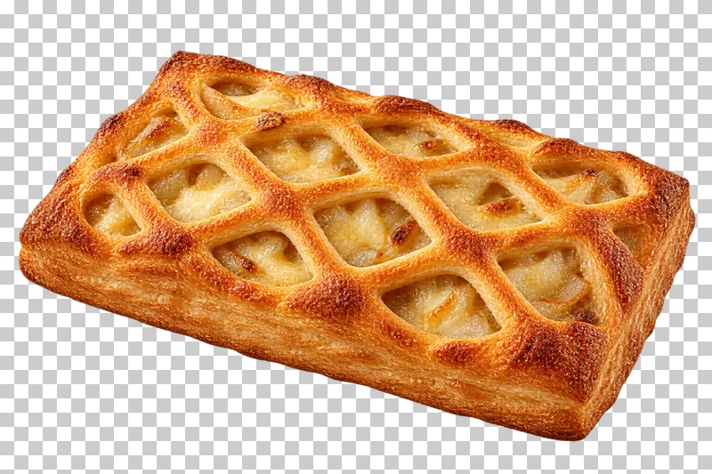 A rectangular cheese-and-onion puff bake with an open pastry lattice.