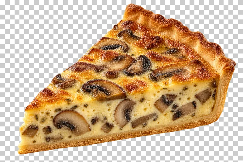 A mushroom quiche wedge with set egg filling and a shortcrust base and back wall.