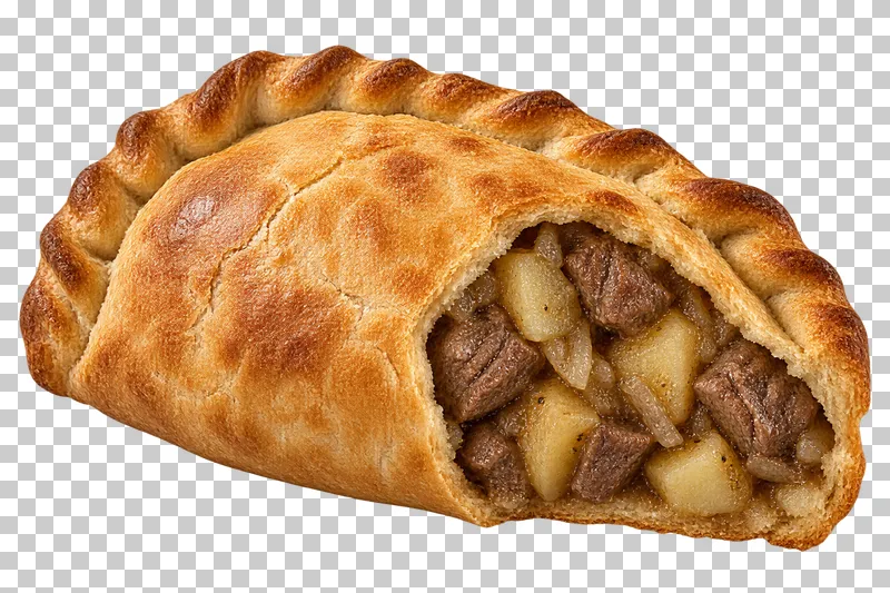 A crimped beef-and-potato pasty with a cut section revealing cooked filling.