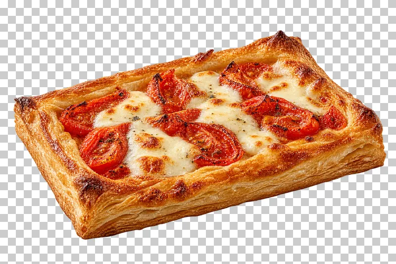 An open rectangular puff tart topped with roasted tomato and mozzarella.