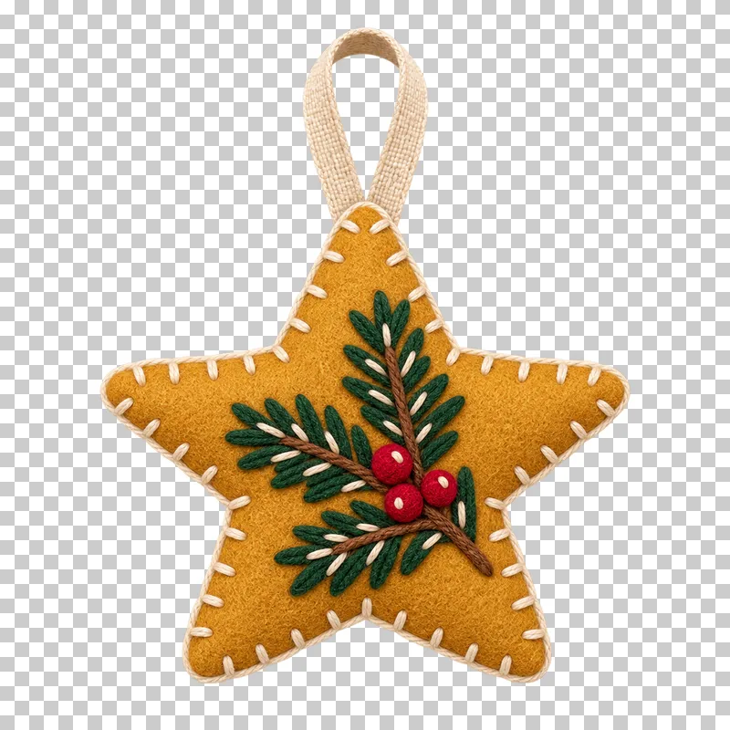 Embroidered felt star ornament in a shallow stitched felt illustration style on a transparent background.
