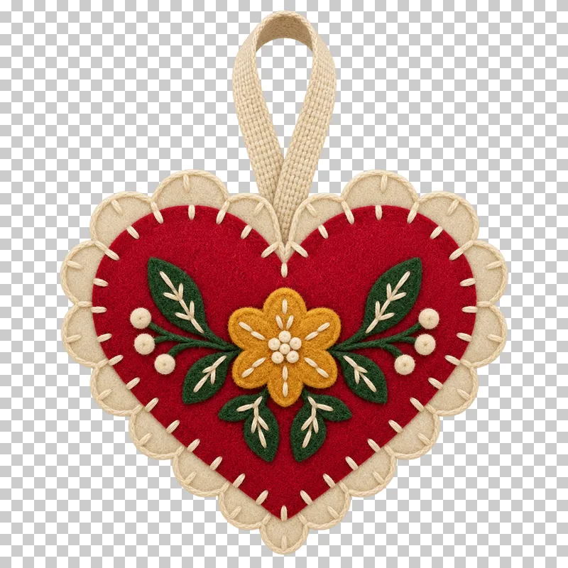 Scalloped felt heart ornament in a shallow stitched felt illustration style on a transparent background.