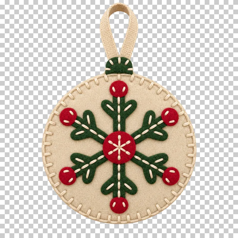 Snowflake felt medallion ornament in a shallow stitched felt illustration style on a transparent background.