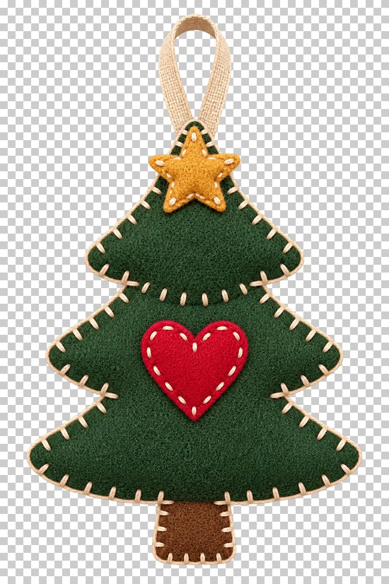 Applique felt fir-tree ornament in a shallow stitched felt illustration style on a transparent background.