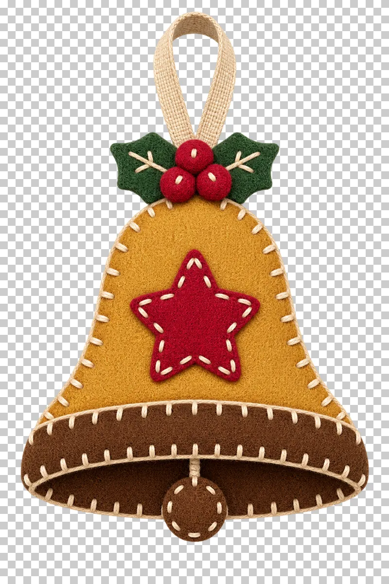 Stitched felt bell ornament in a shallow stitched felt illustration style on a transparent background.