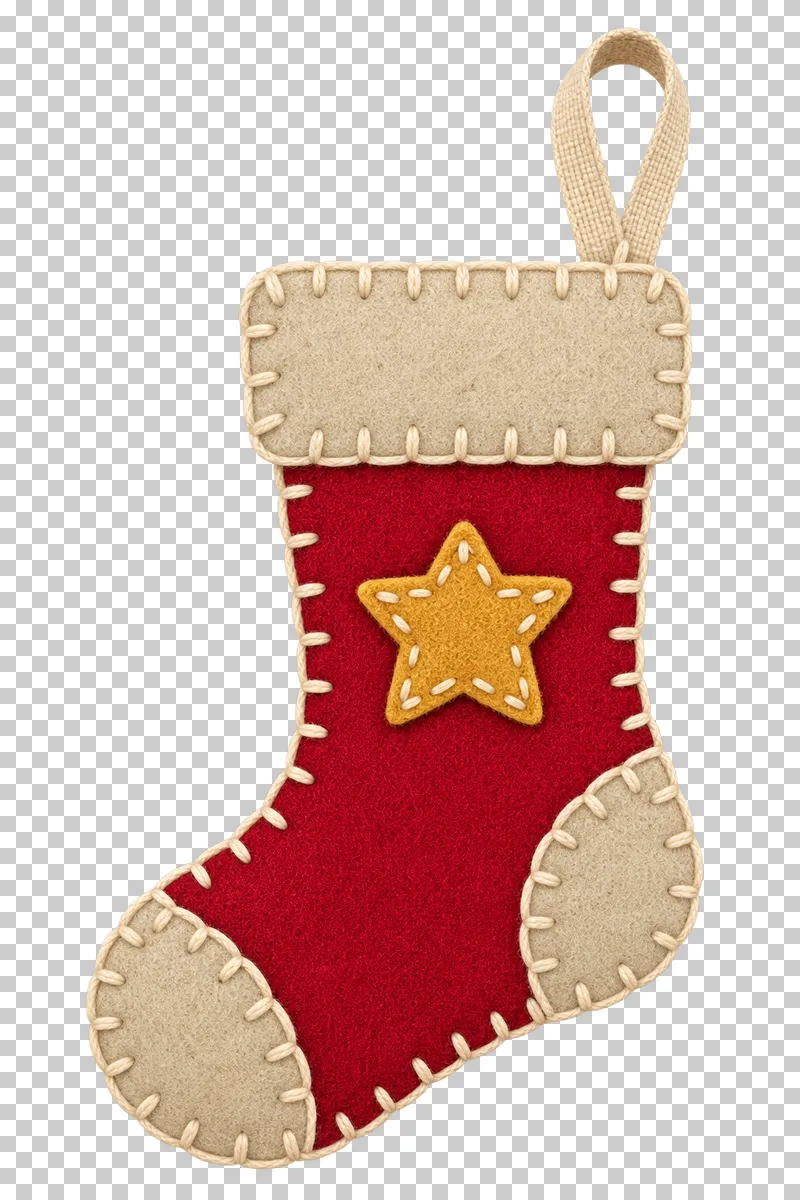 Patchwork felt stocking ornament in a shallow stitched felt illustration style on a transparent background.