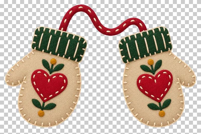 Joined felt mitten ornaments in a shallow stitched felt illustration style on a transparent background.
