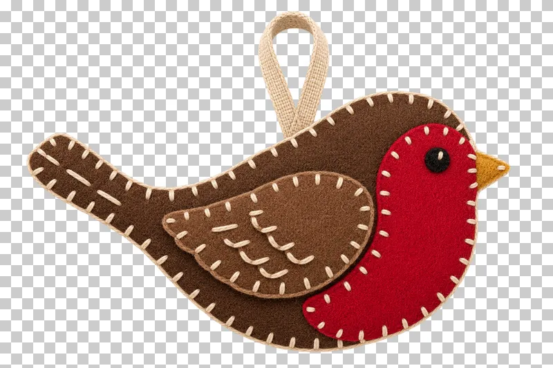 Applique felt robin ornament in a shallow stitched felt illustration style on a transparent background.