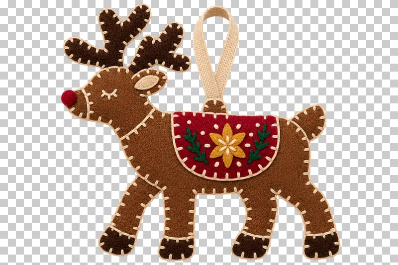Folk felt reindeer ornament in a shallow stitched felt illustration style on a transparent background.
