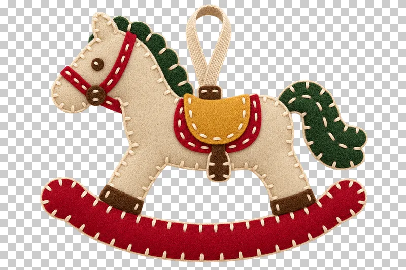 Felt rocking-horse ornament in a shallow stitched felt illustration style on a transparent background.