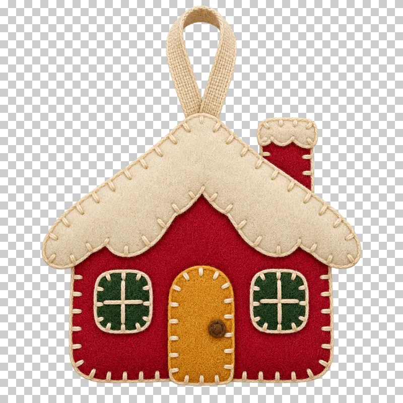 Felt winter-cottage ornament in a shallow stitched felt illustration style on a transparent background.