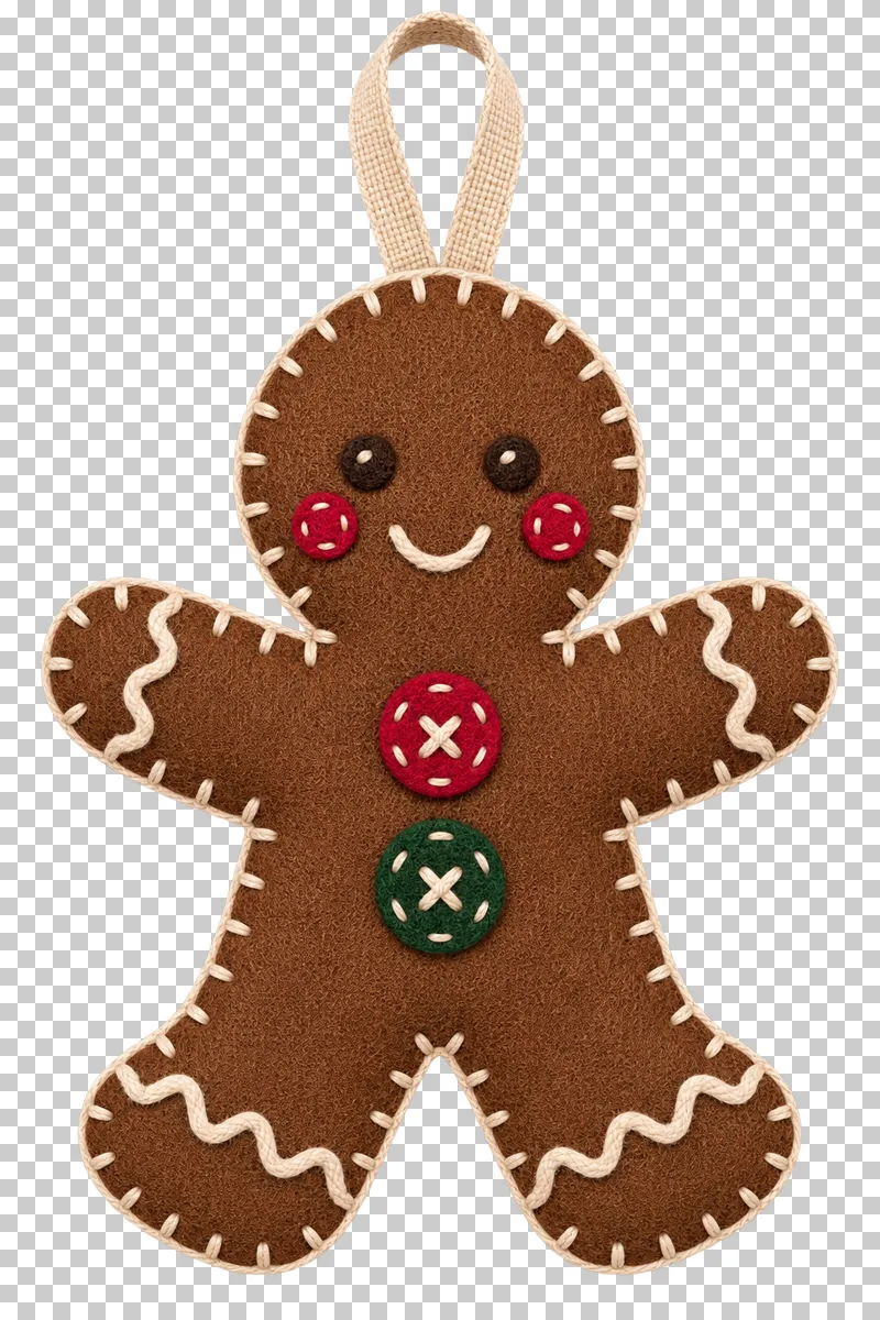 Felt gingerbread-person ornament in a shallow stitched felt illustration style on a transparent background.