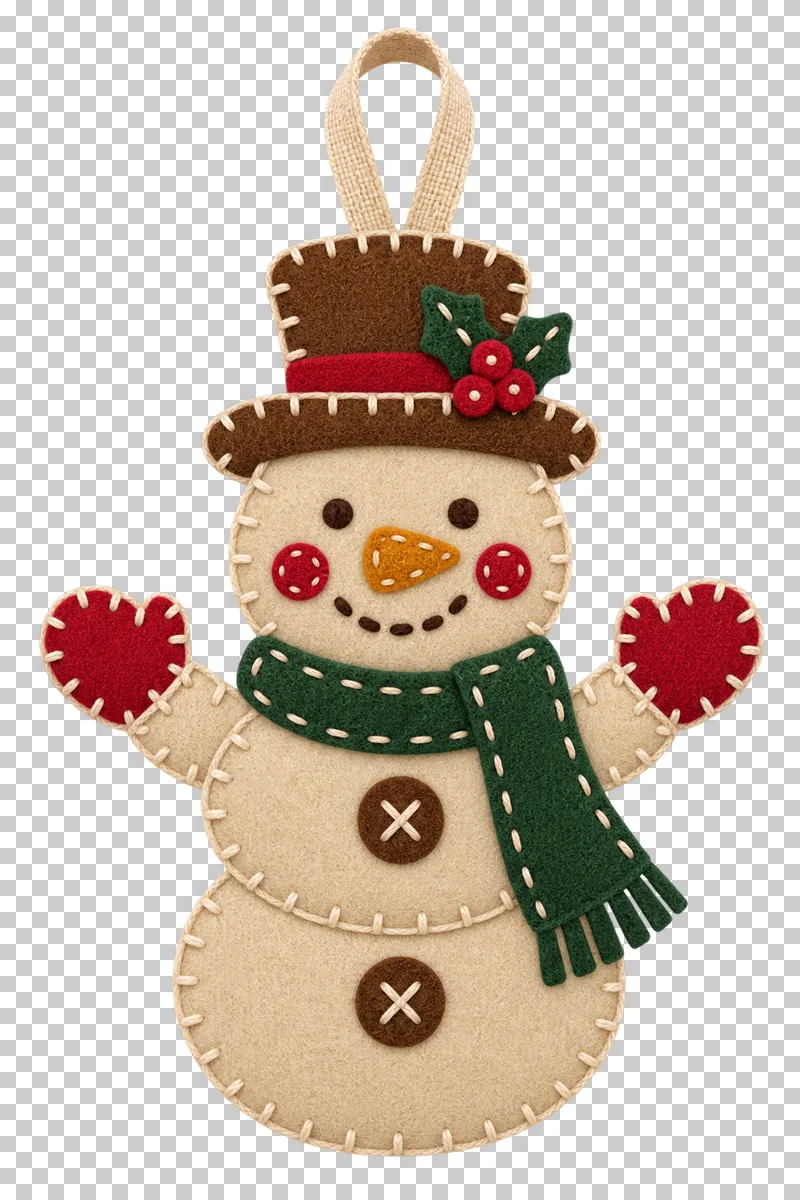 Felt snowman ornament in a shallow stitched felt illustration style on a transparent background.