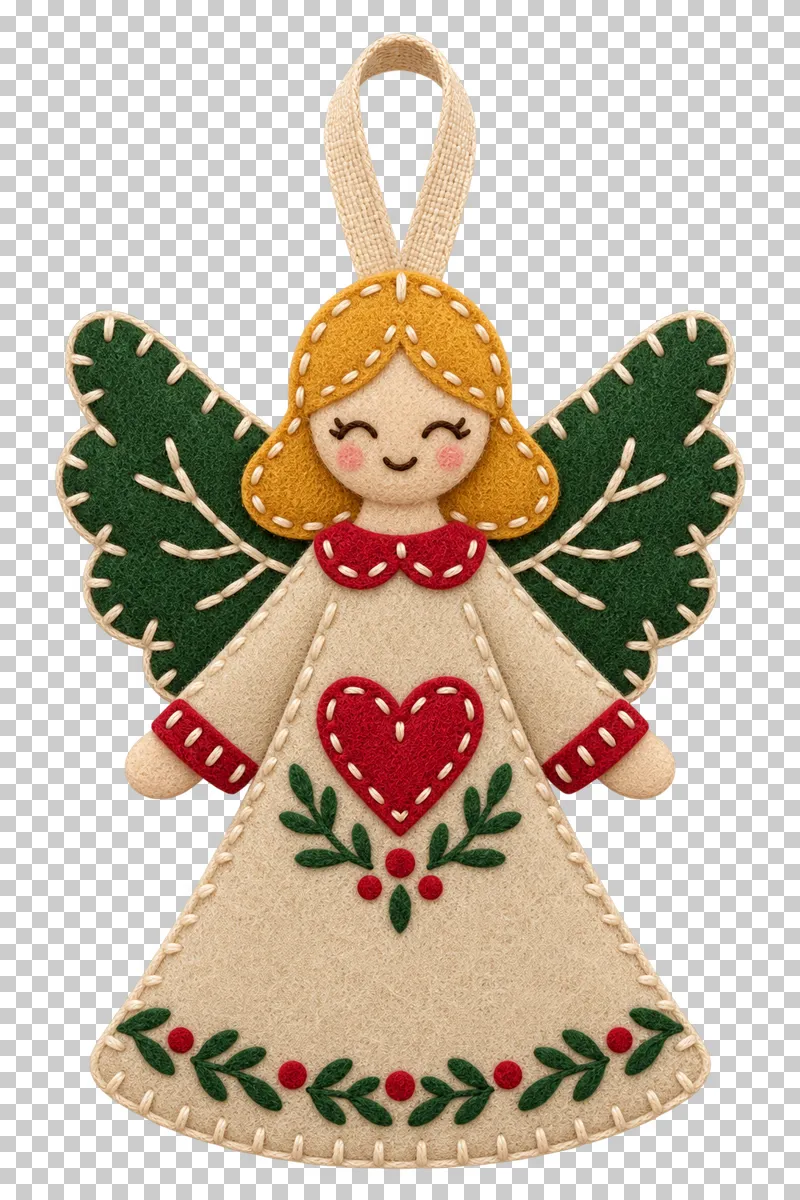 Felt angel ornament in a shallow stitched felt illustration style on a transparent background.