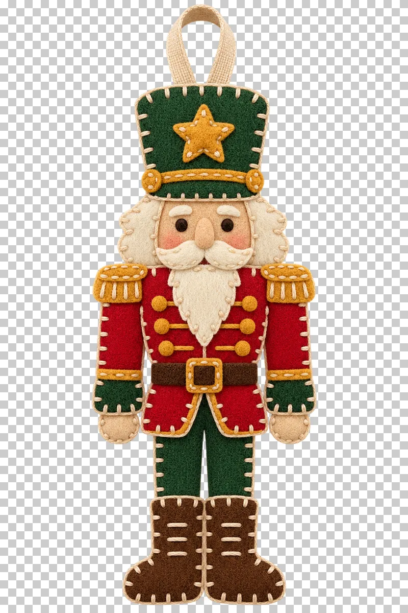 Felt nutcracker ornament in a shallow stitched felt illustration style on a transparent background.