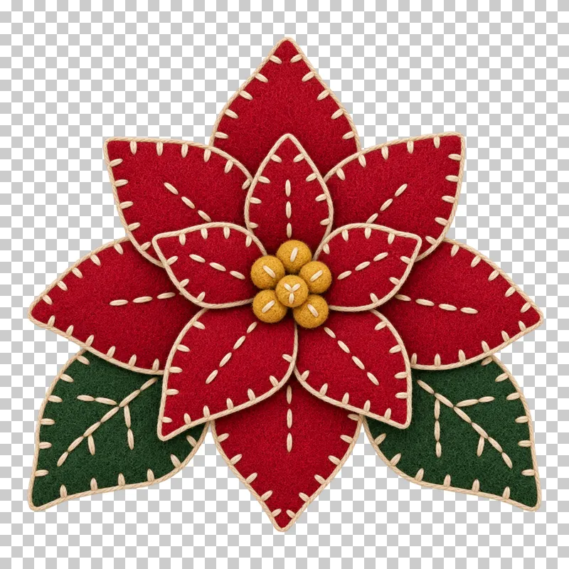 Layered felt poinsettia decoration in a shallow stitched felt illustration style on a transparent background.