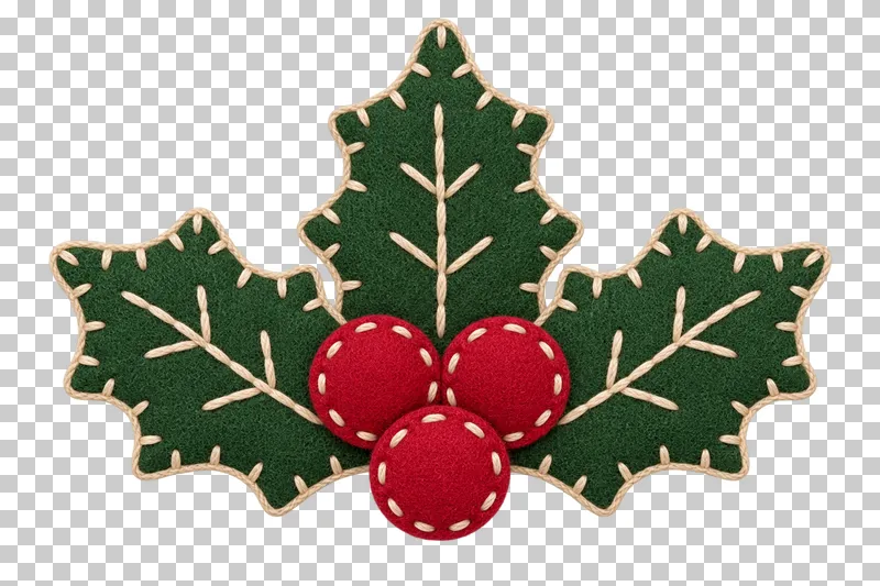 Felt holly-and-berries applique in a shallow stitched felt illustration style on a transparent background.