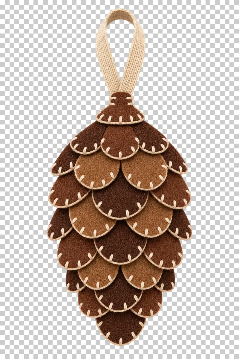 Layered felt pinecone ornament in a shallow stitched felt illustration style on a transparent background.