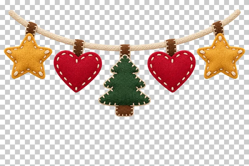 Felt star-heart-tree garland in a shallow stitched felt illustration style on a transparent background.